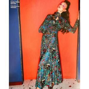 LA DoubleJ Green Kenny Whimsical Jungle Print High Neck Longsleeve Dress size XL